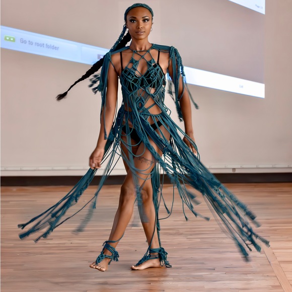 Handmade Macramé Bondage Dress Teal Blue Crochet Cut Out Distressed - Picture 3 of 16